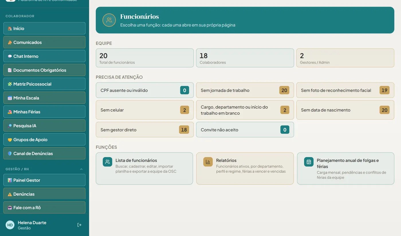 Painel de Funcionários com avisos de cadastro incompleto