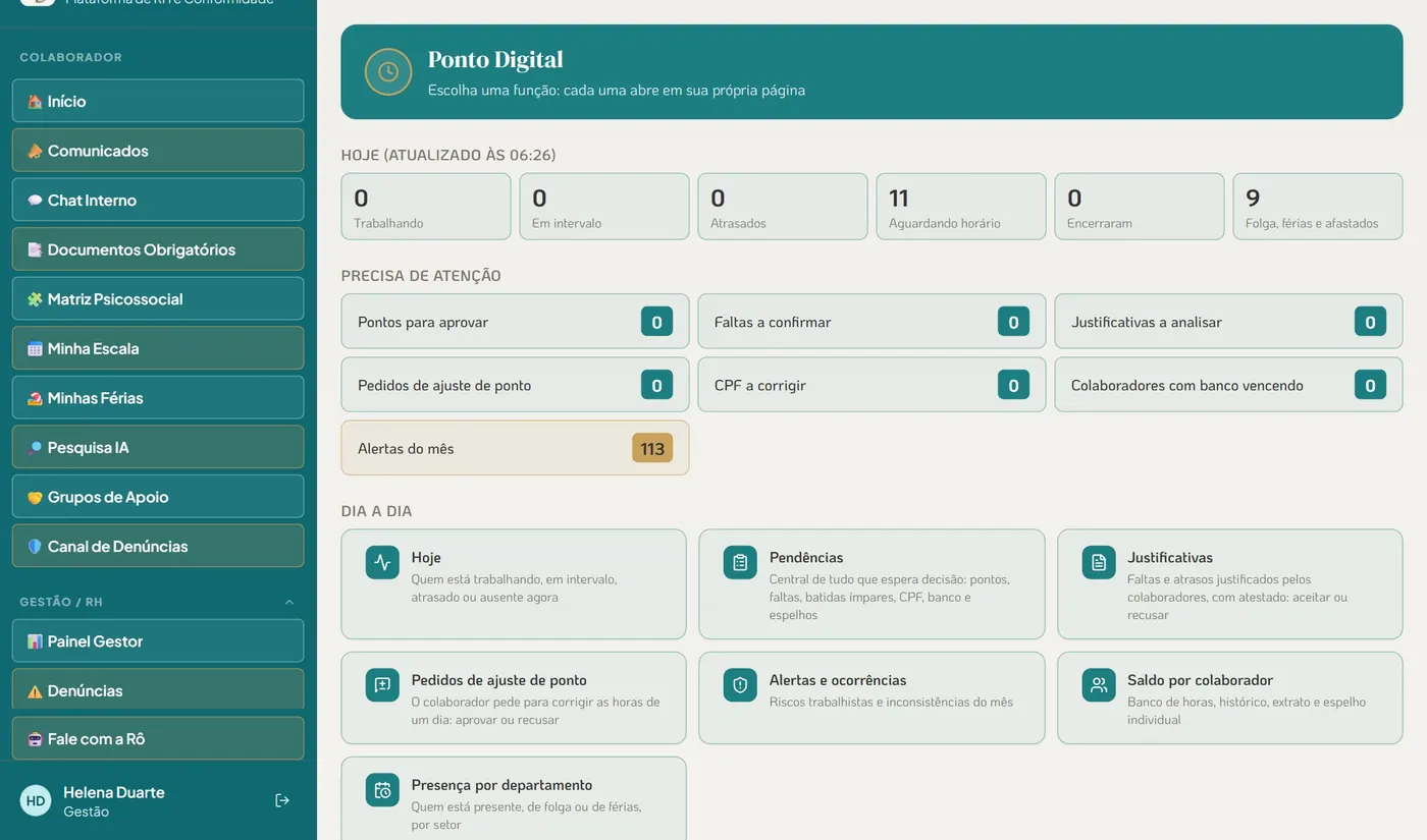 Painel do Ponto Digital com quem está trabalhando, pendências e alertas do mês